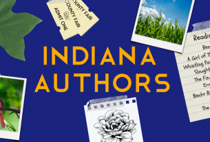 Title Indiana Authors. Surrounded by images of Indiana related symbols like a cardinal and tulip tree leaf