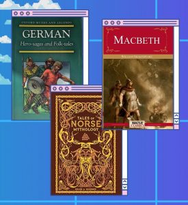 Three books on a blue background, Shakespear's Macbeth, a book of Germanic folktales, and one of norse mythology